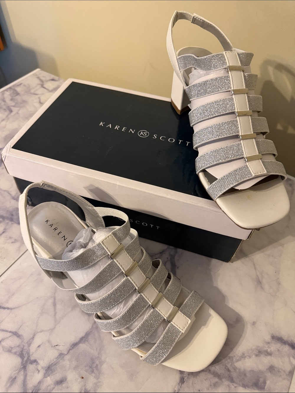 Karen Scott White and Silver Glitter Strappy Block Heel Sandals